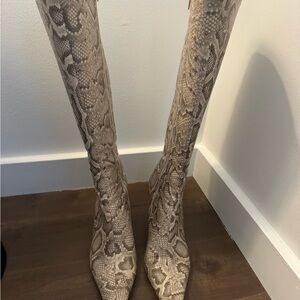 Snake-Print Knee High Pointed Toe Women's Boots - Beige